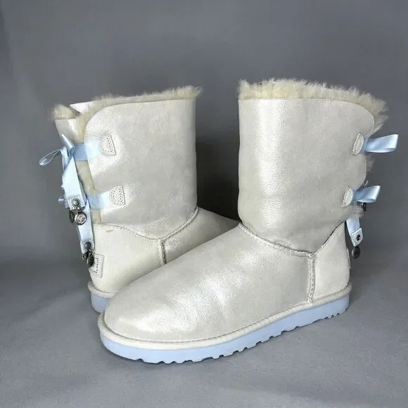 Women's 9 UGG Boots Bailey Bow I DO Crystal Shimmer White Silver Baby Blue RARE - Picture 2 of 16